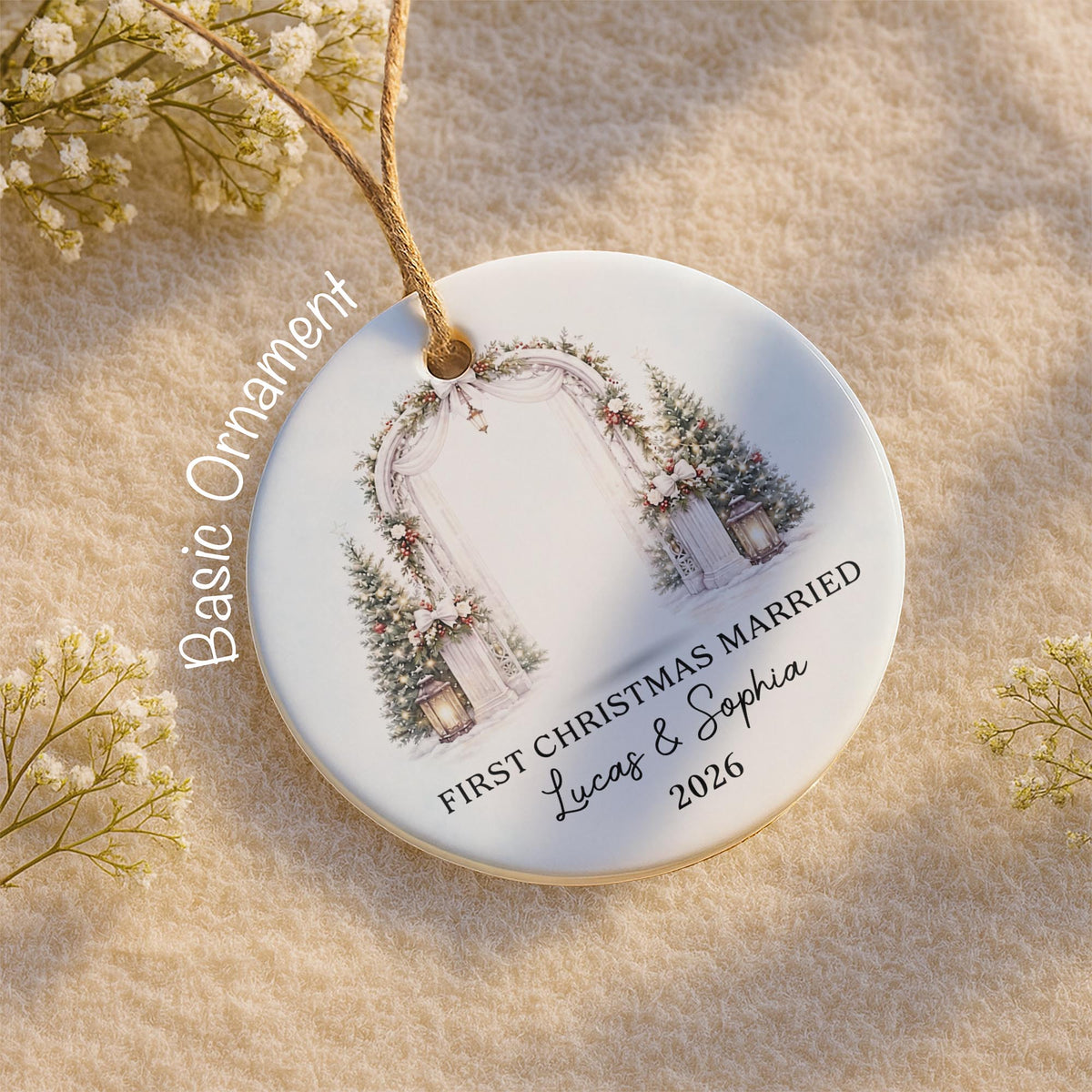 First Christmas Married Bride And Groom With Wedding Arch - Personalized Custom Ceramic Ornament With Round Shape - WEDD047_RCE
