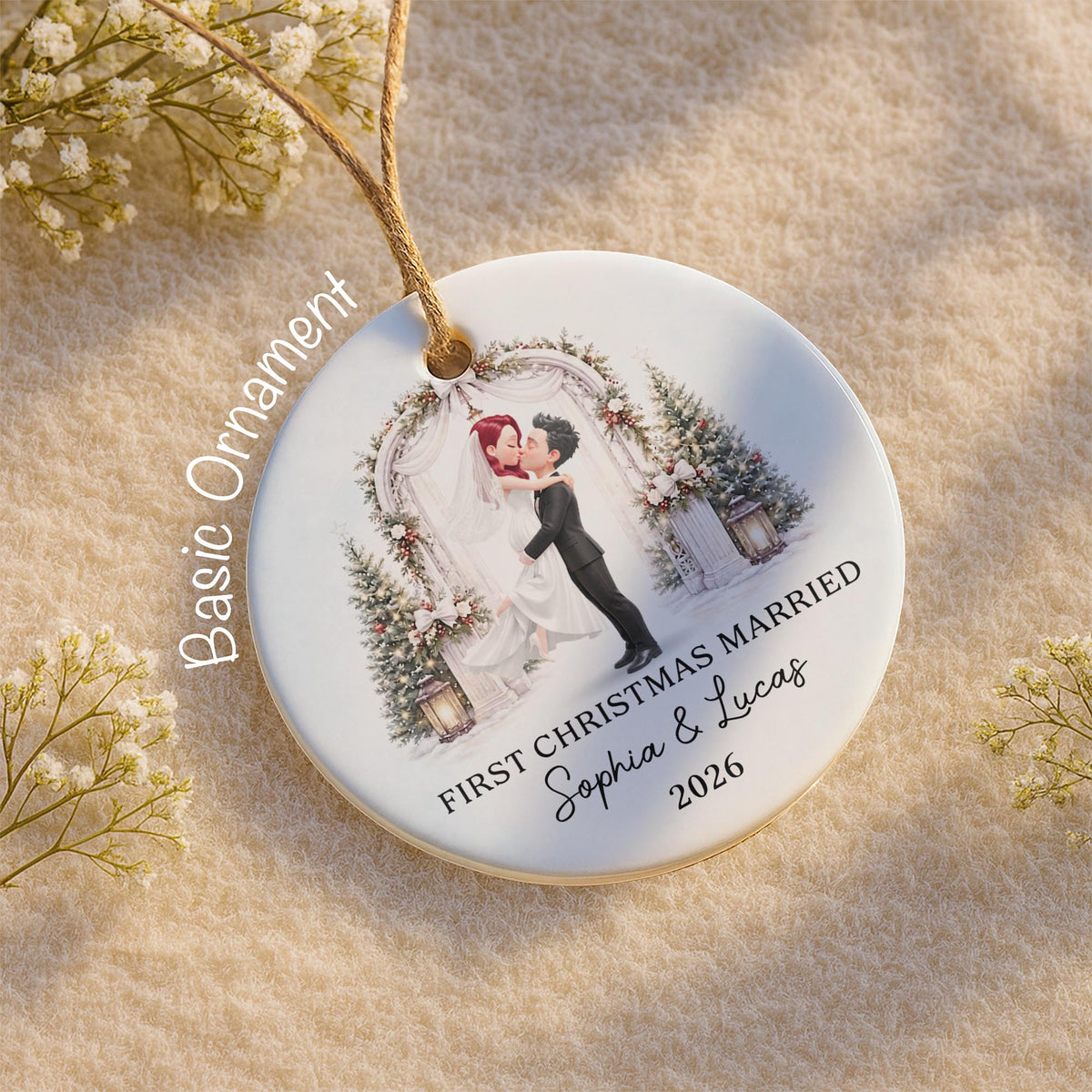 First Christmas Married Bride And Groom With Wedding Arch - Personalized Custom Ceramic Ornament With Round Shape - WEDD047_RCE