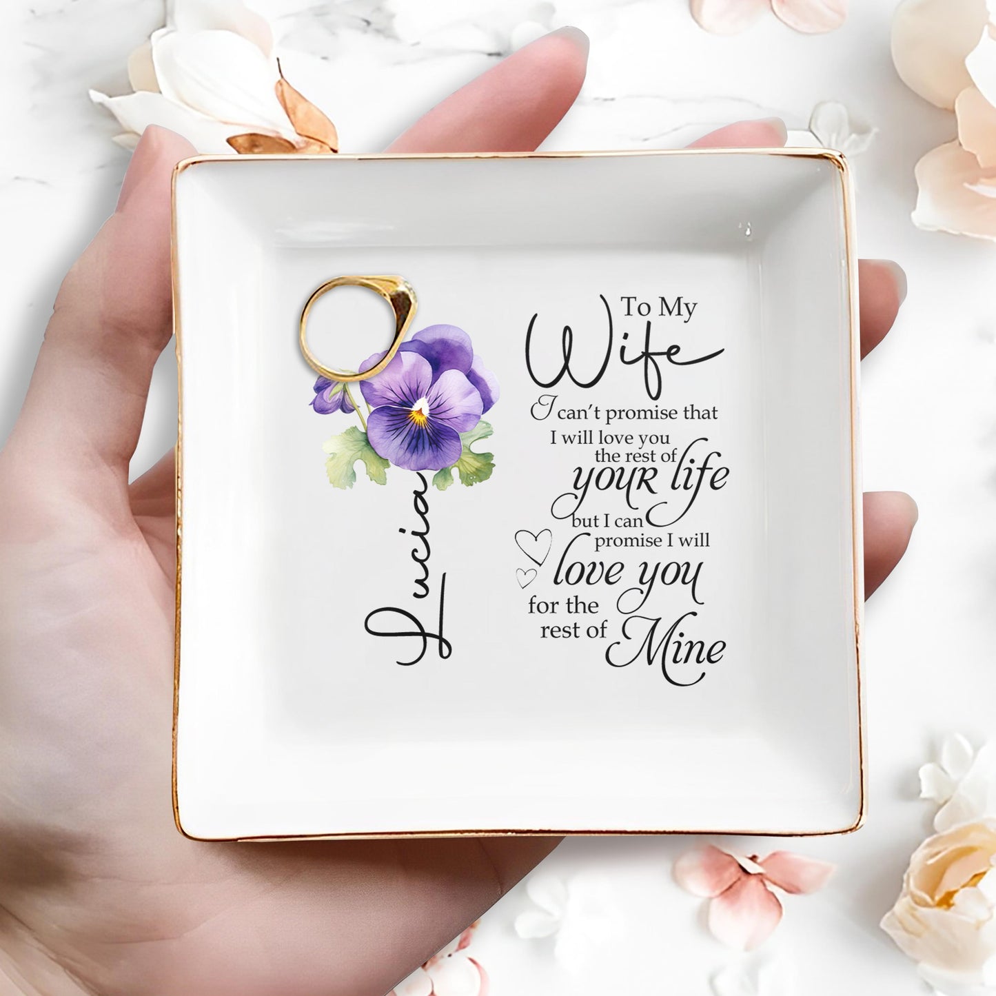 Love Promise To My Wife Featuring Pansy Flower - Personalized Custom Jewelry Dish - WIF010_SCRD