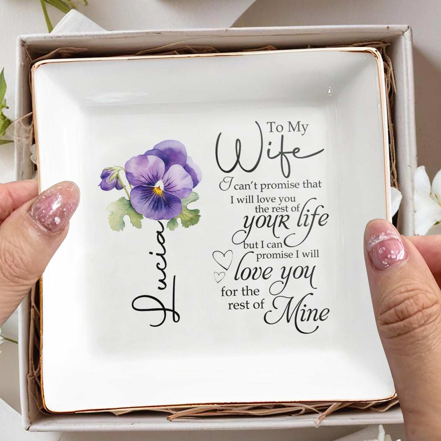 Love Promise To My Wife Featuring Pansy Flower - Personalized Custom Jewelry Dish - WIF010_SCRD