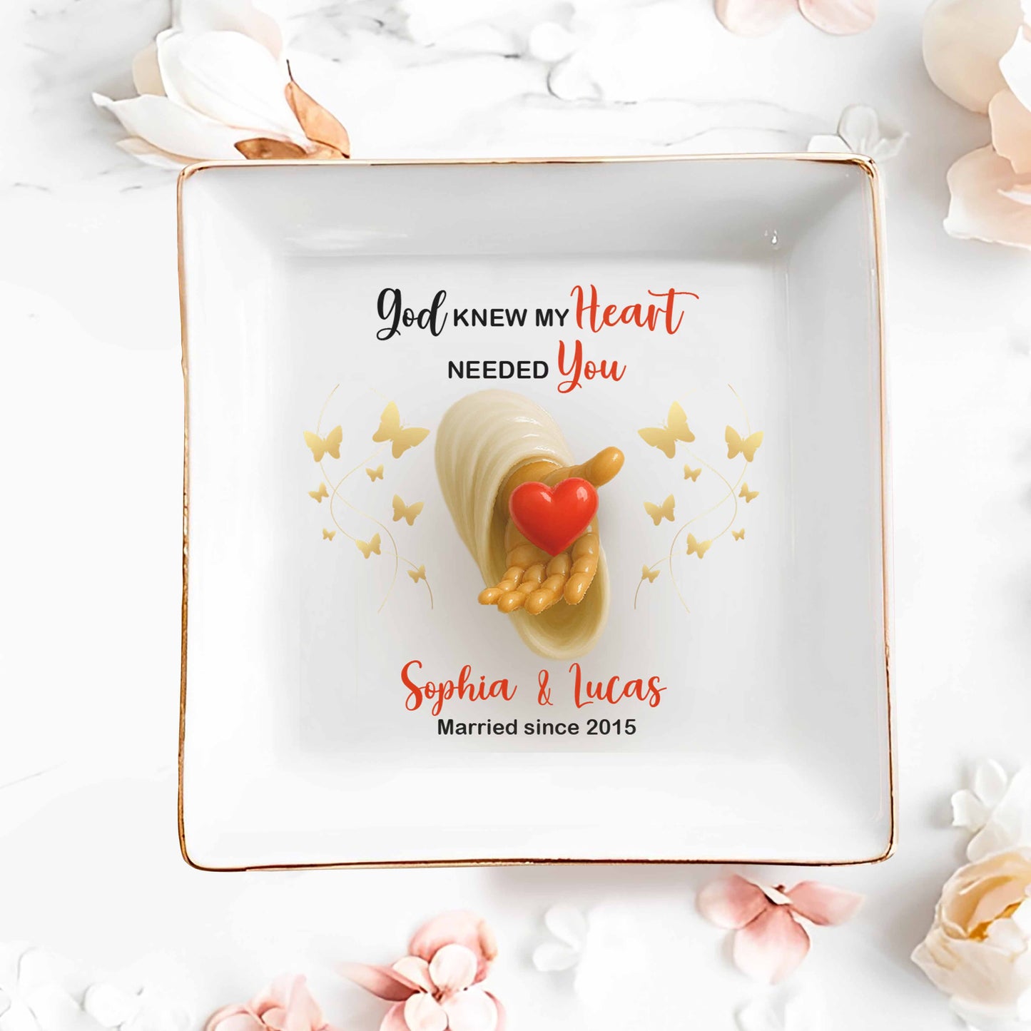 Dieu savait que mon cœur avait besoin de toi, cœur et papillons – Plat à bijoux personnalisé, plat carré en céramique – WIF043_SCRD