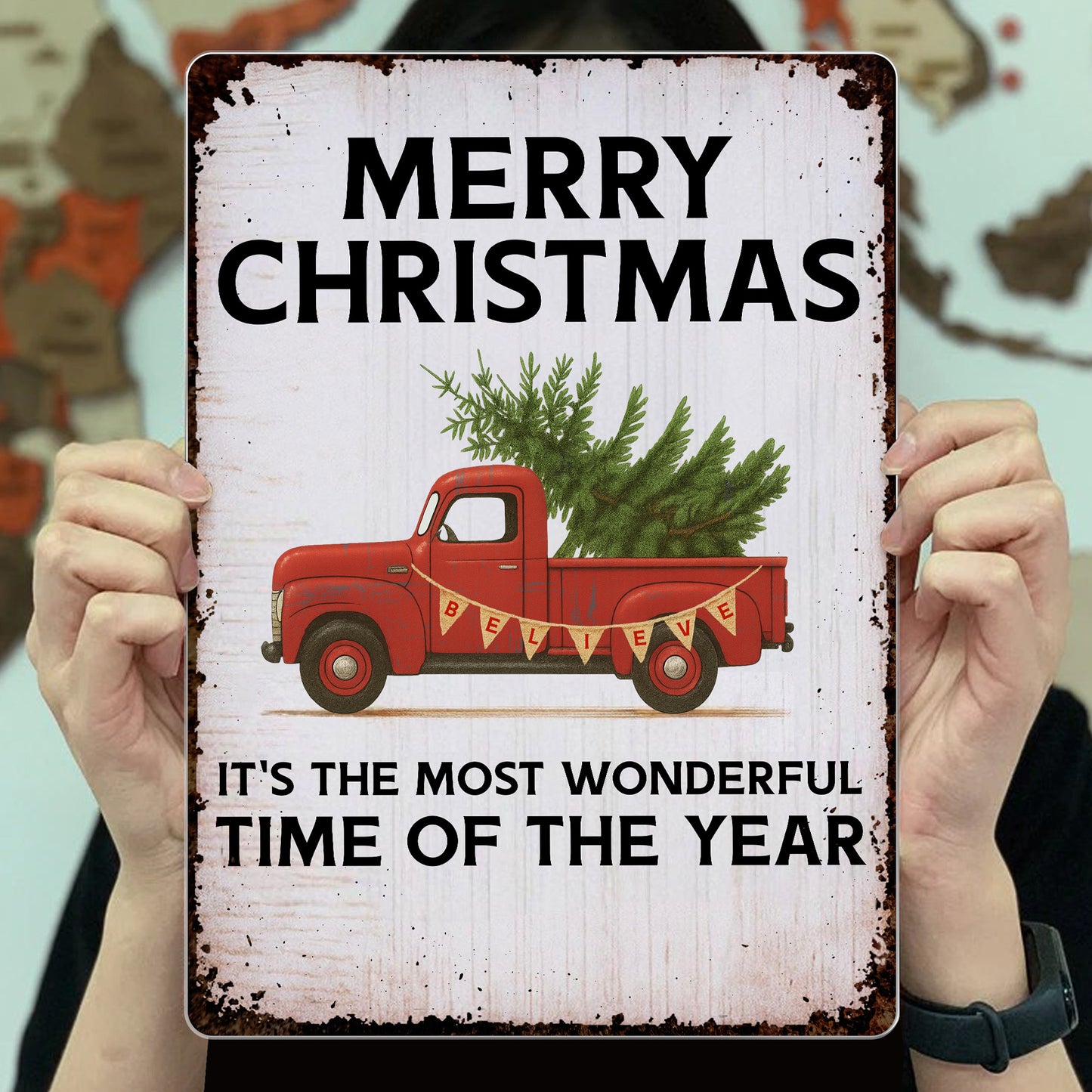 Merry Christmas With Vintage Truck And Christmas Tree