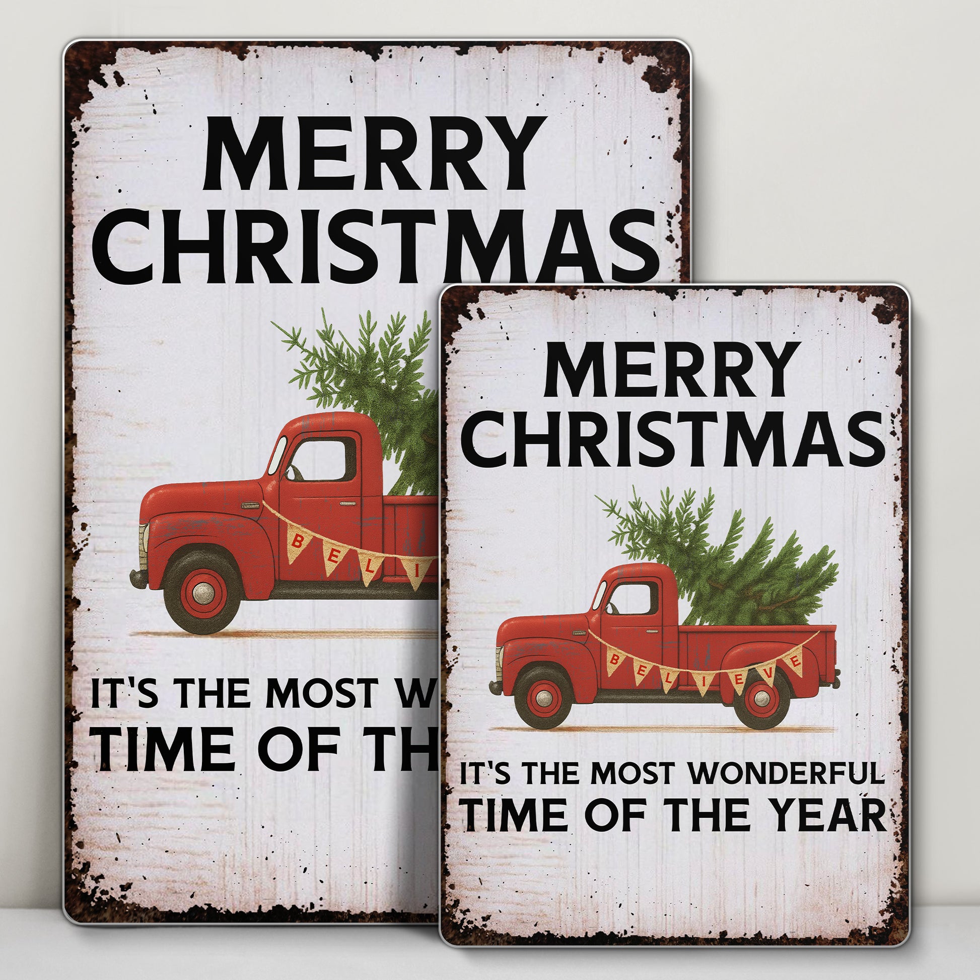 Merry Christmas With Vintage Truck And Christmas Tree