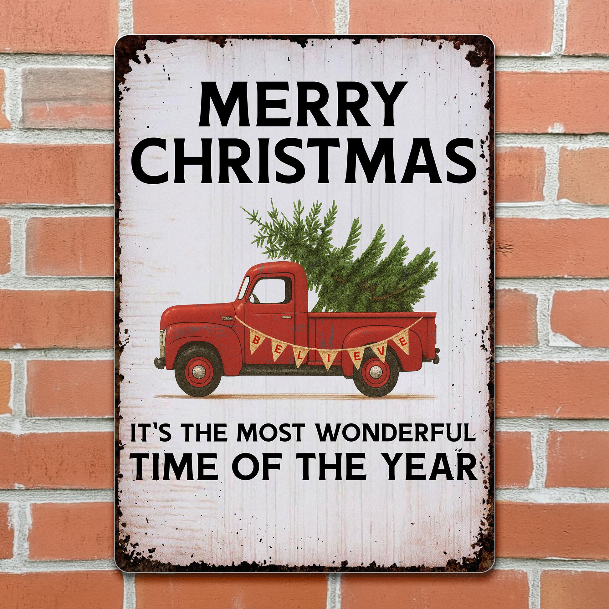 Merry Christmas With Vintage Truck And Christmas Tree