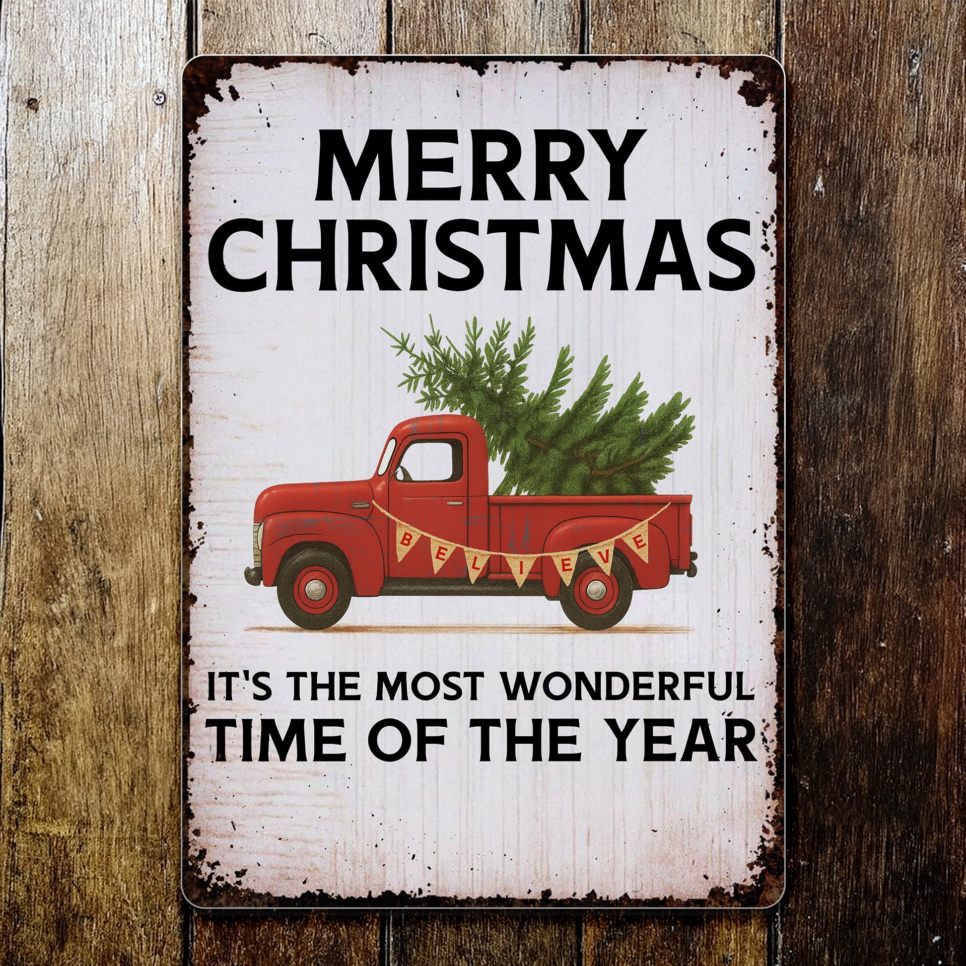 Merry Christmas With Vintage Truck And Christmas Tree