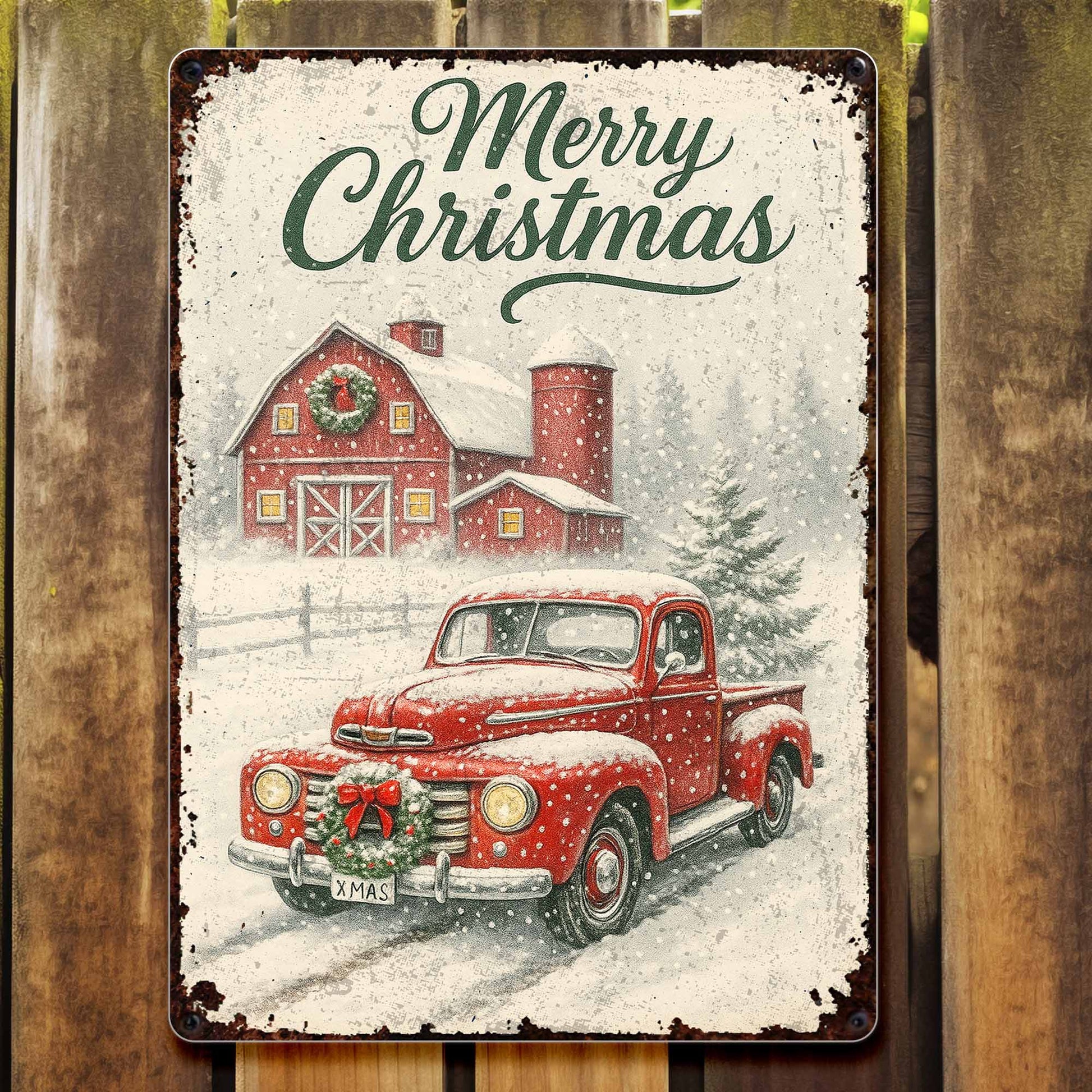 Merry Christmas Vintage Truck and Snowy Barn Scene