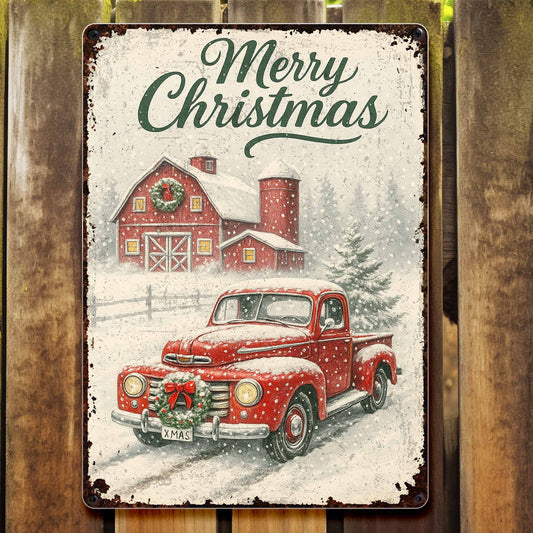 Merry Christmas Vintage Truck and Snowy Barn Scene