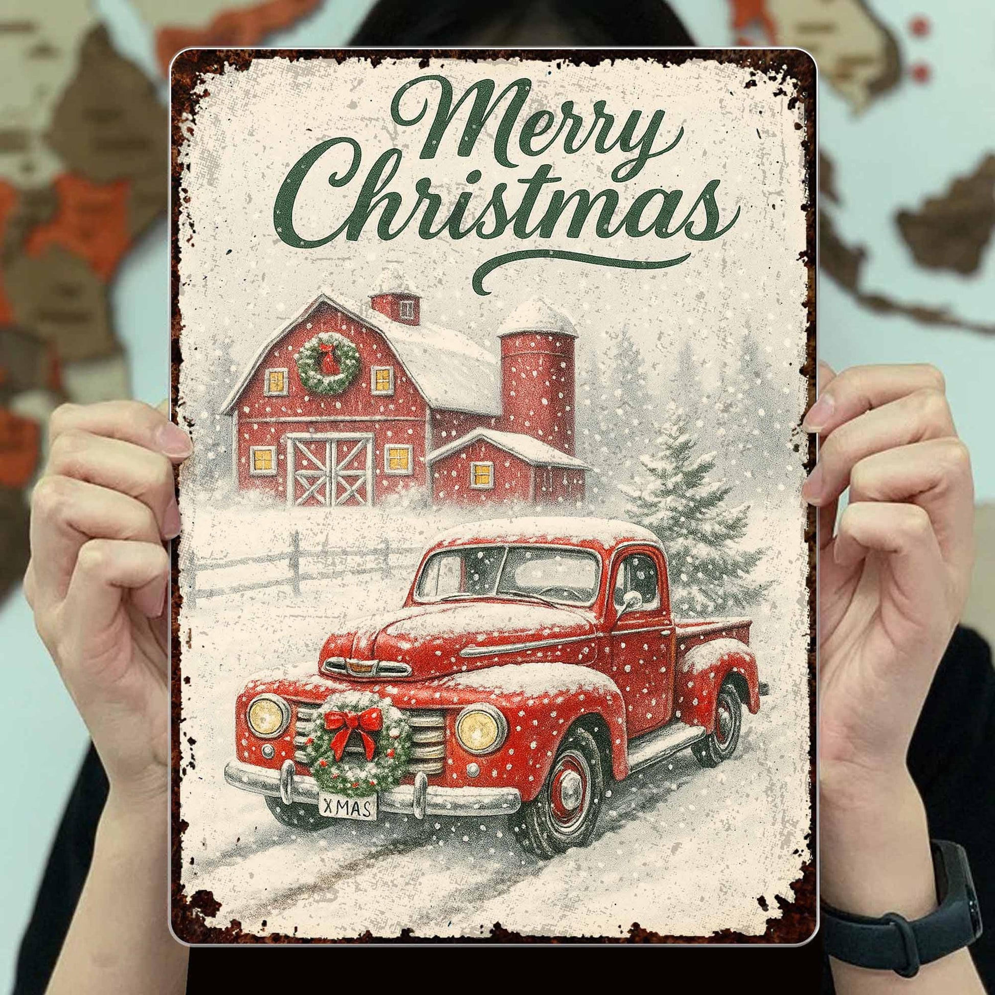 Merry Christmas Vintage Truck and Snowy Barn Scene