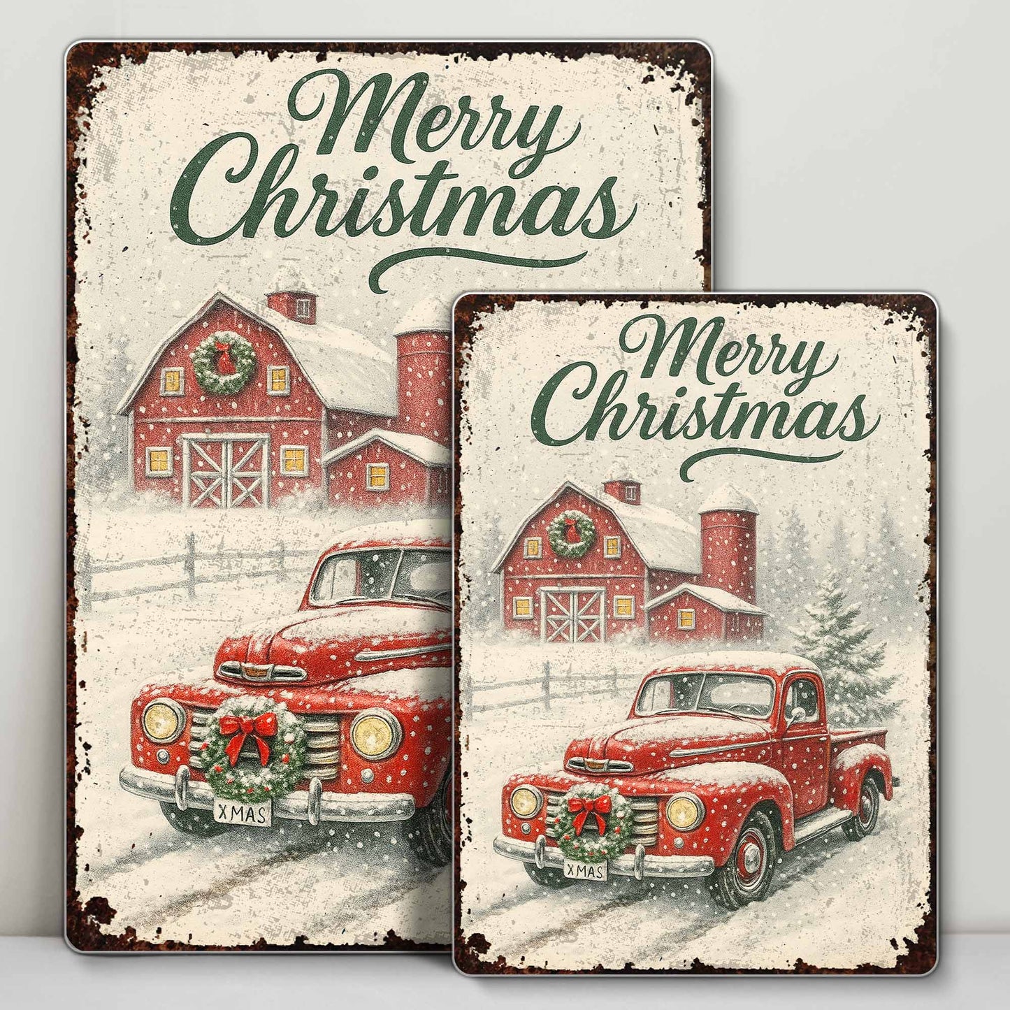 Merry Christmas Vintage Truck and Snowy Barn Scene