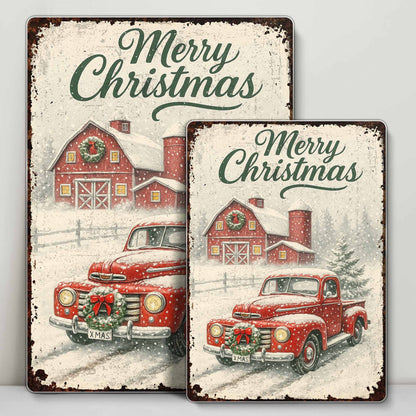 Merry Christmas Vintage Truck and Snowy Barn Scene