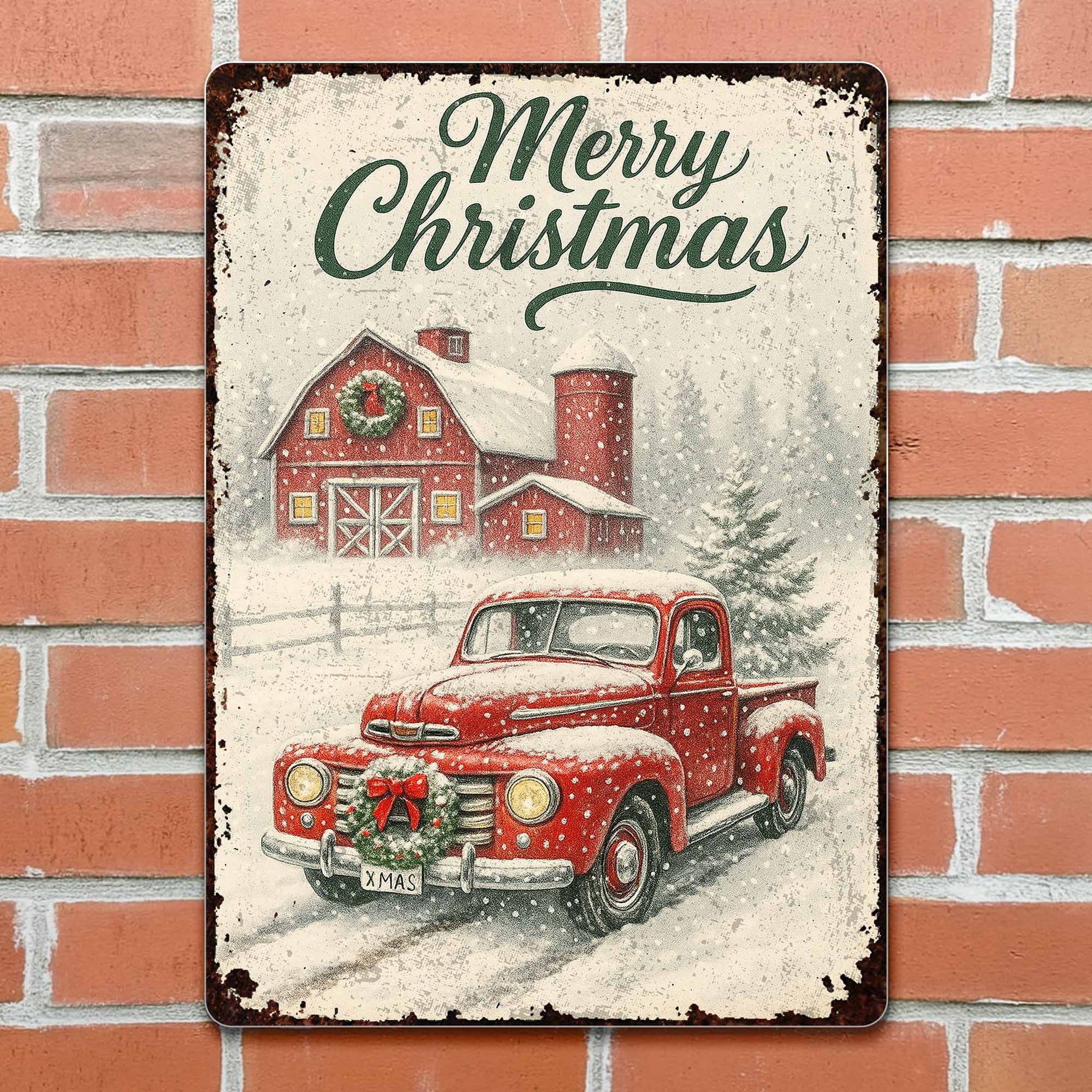 Merry Christmas Vintage Truck and Snowy Barn Scene