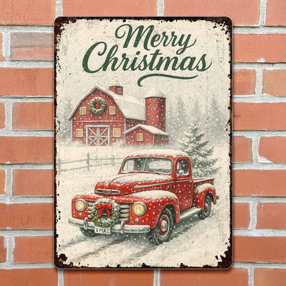 Merry Christmas Vintage Truck and Snowy Barn Scene