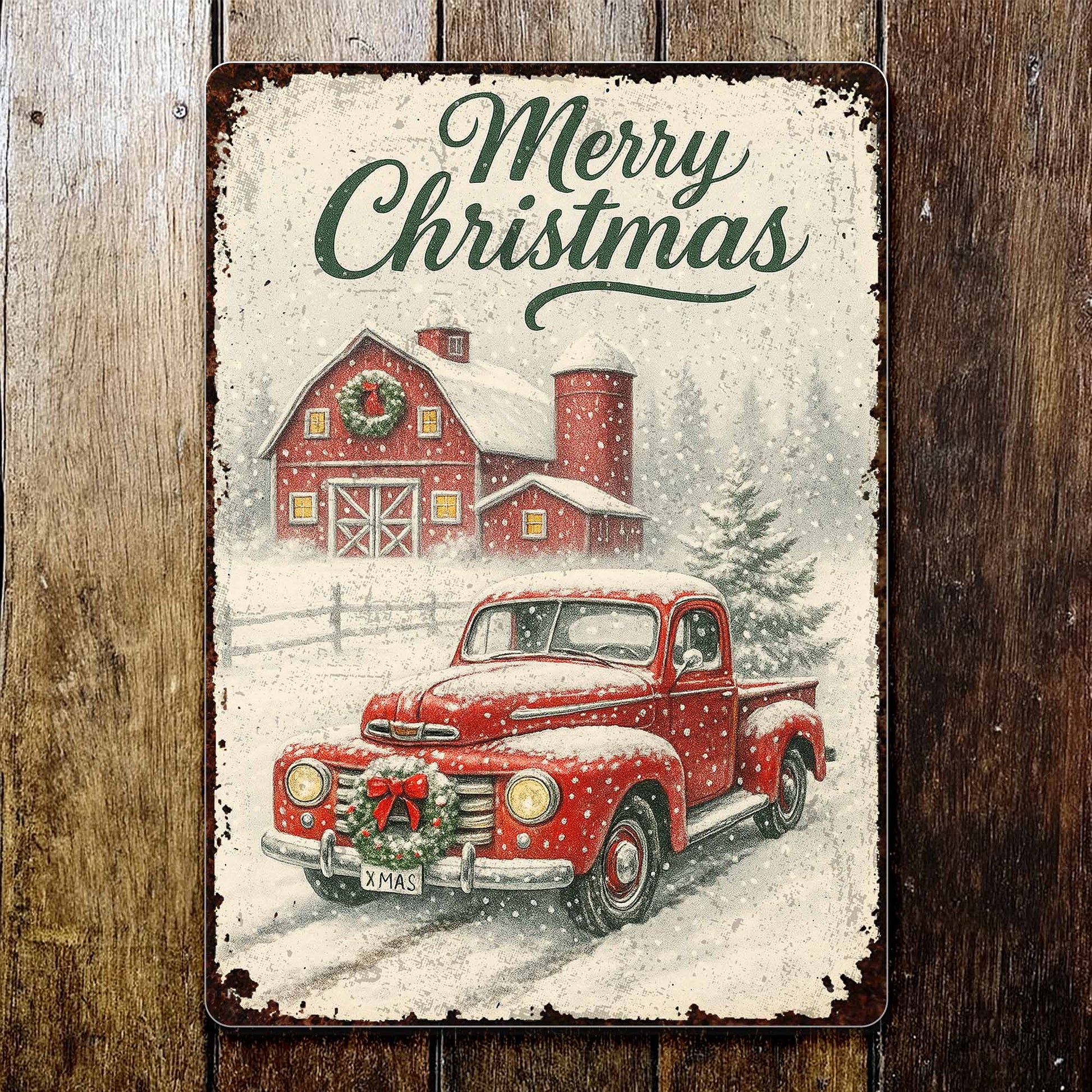 Merry Christmas Vintage Truck and Snowy Barn Scene