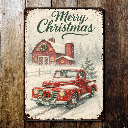 Merry Christmas Vintage Truck and Snowy Barn Scene