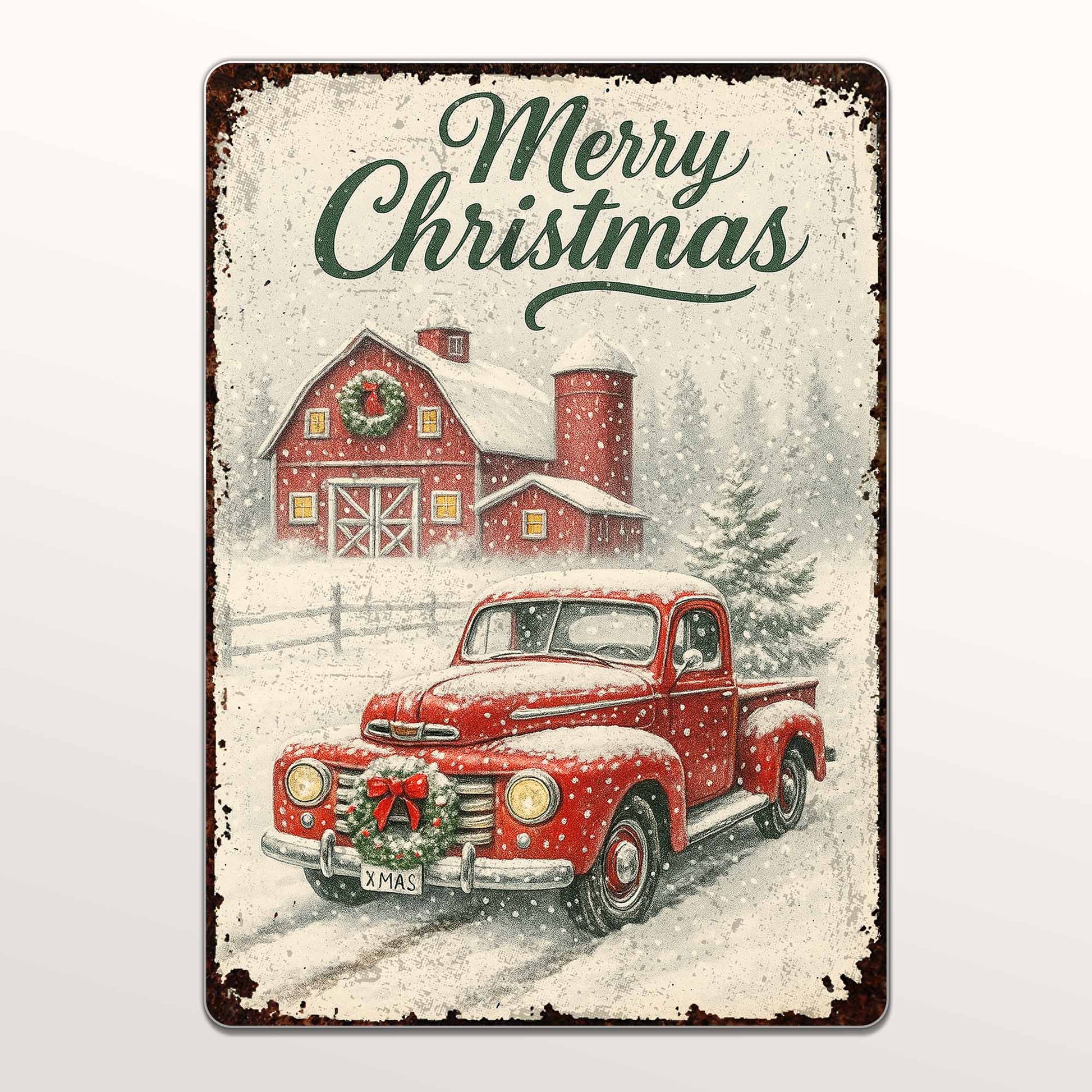 Merry Christmas Vintage Truck and Snowy Barn Scene