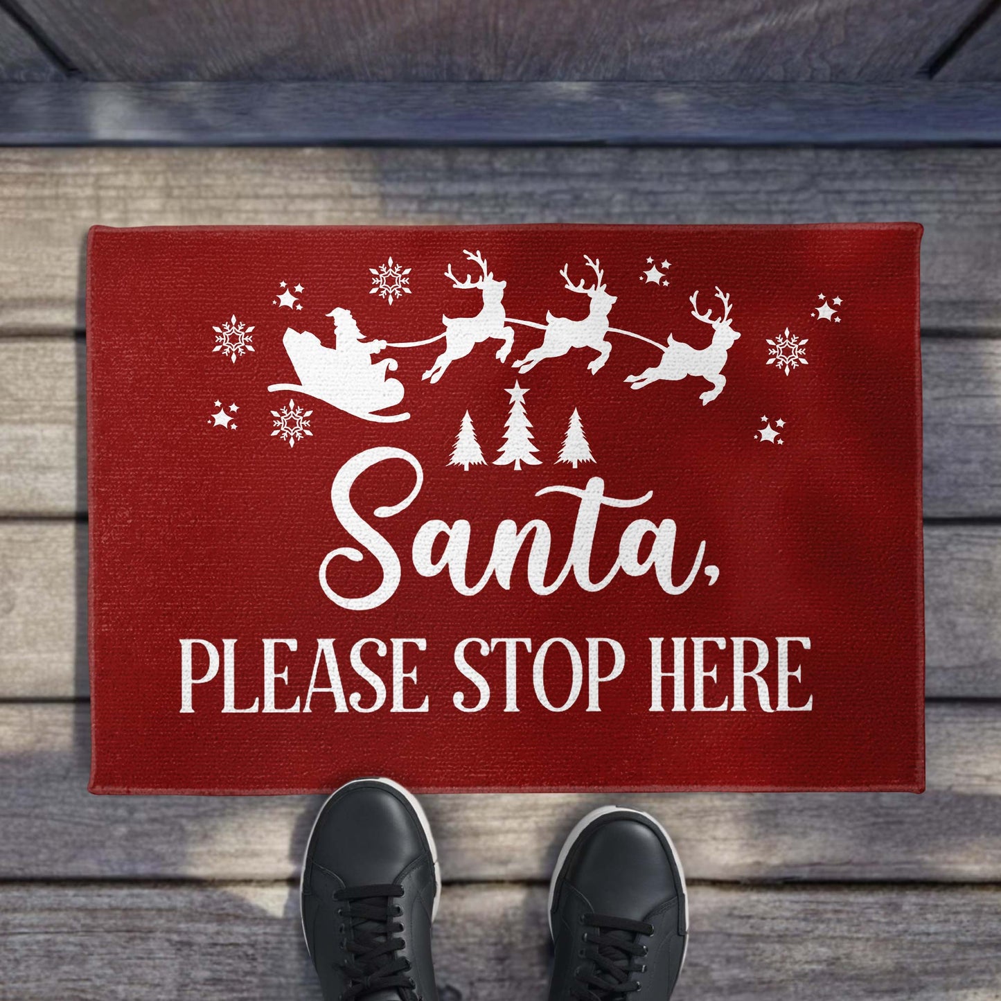 Santa Please Stop Here With Reindeer And Christmas Trees