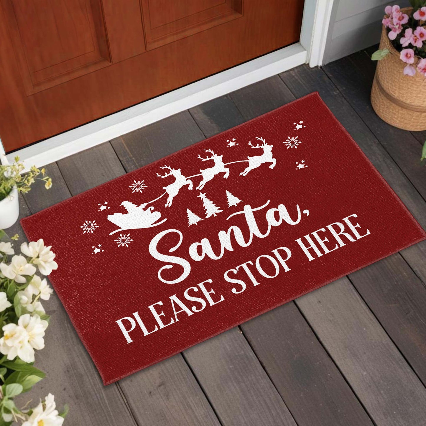 Santa Please Stop Here With Reindeer And Christmas Trees