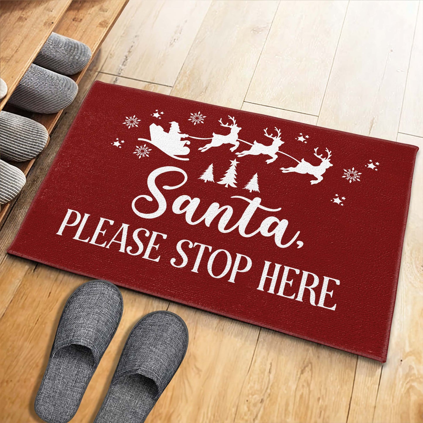 Santa Please Stop Here With Reindeer And Christmas Trees
