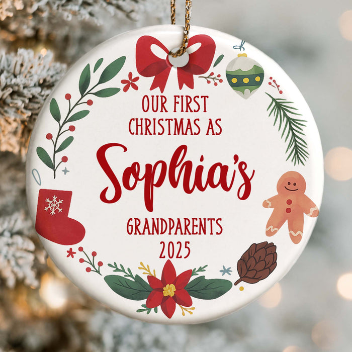 Our First Christmas As Grandparents With Festive Decor - Personalized Custom Ceramic Ornament With Round Shape - XMAS017_RCE