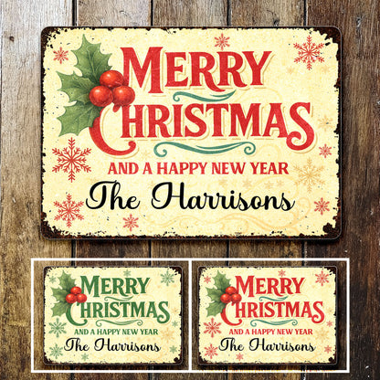 Merry Christmas And A Happy New Year With Holly And Snowflakes