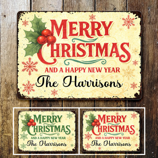 Merry Christmas And A Happy New Year With Holly And Snowflakes