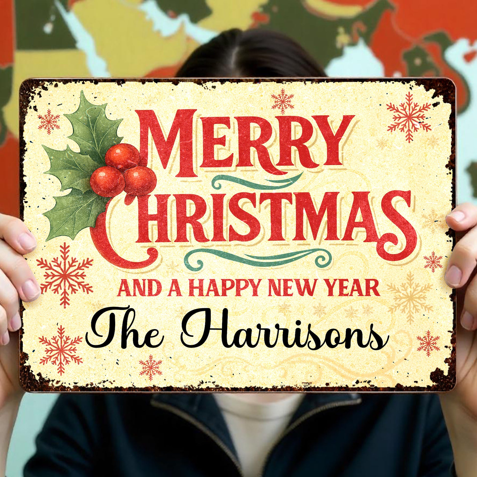 Merry Christmas And A Happy New Year With Holly And Snowflakes