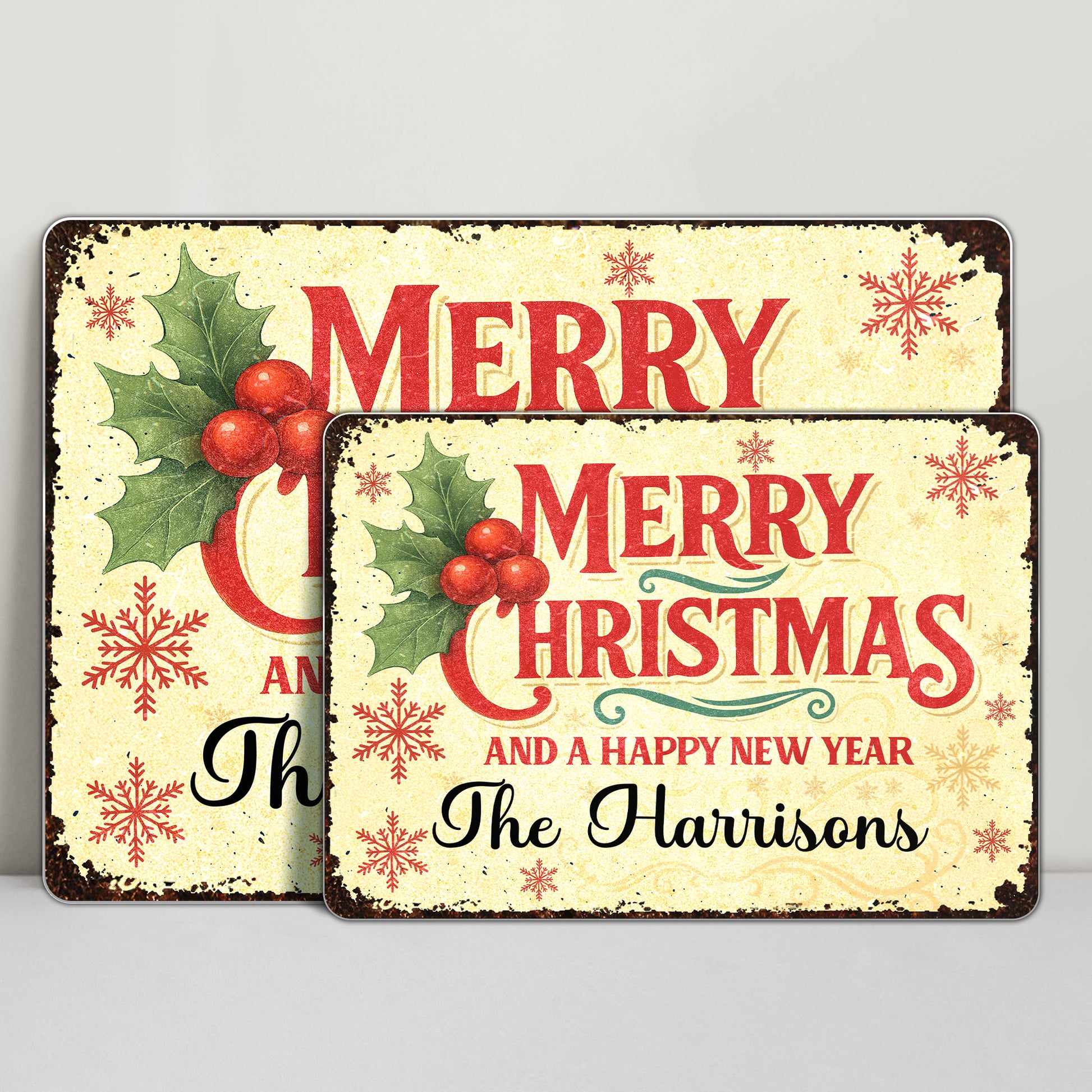 Merry Christmas And A Happy New Year With Holly And Snowflakes