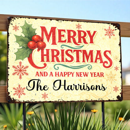 Merry Christmas And A Happy New Year With Holly And Snowflakes