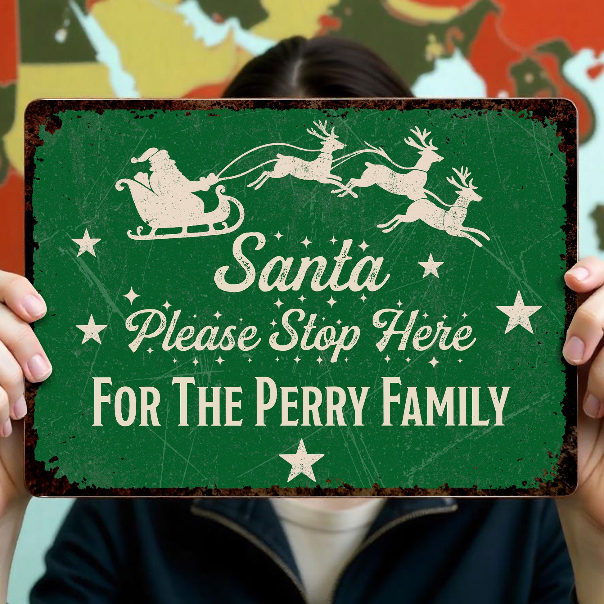 Santa Please Stop Here With Santa Claus And Reindeer