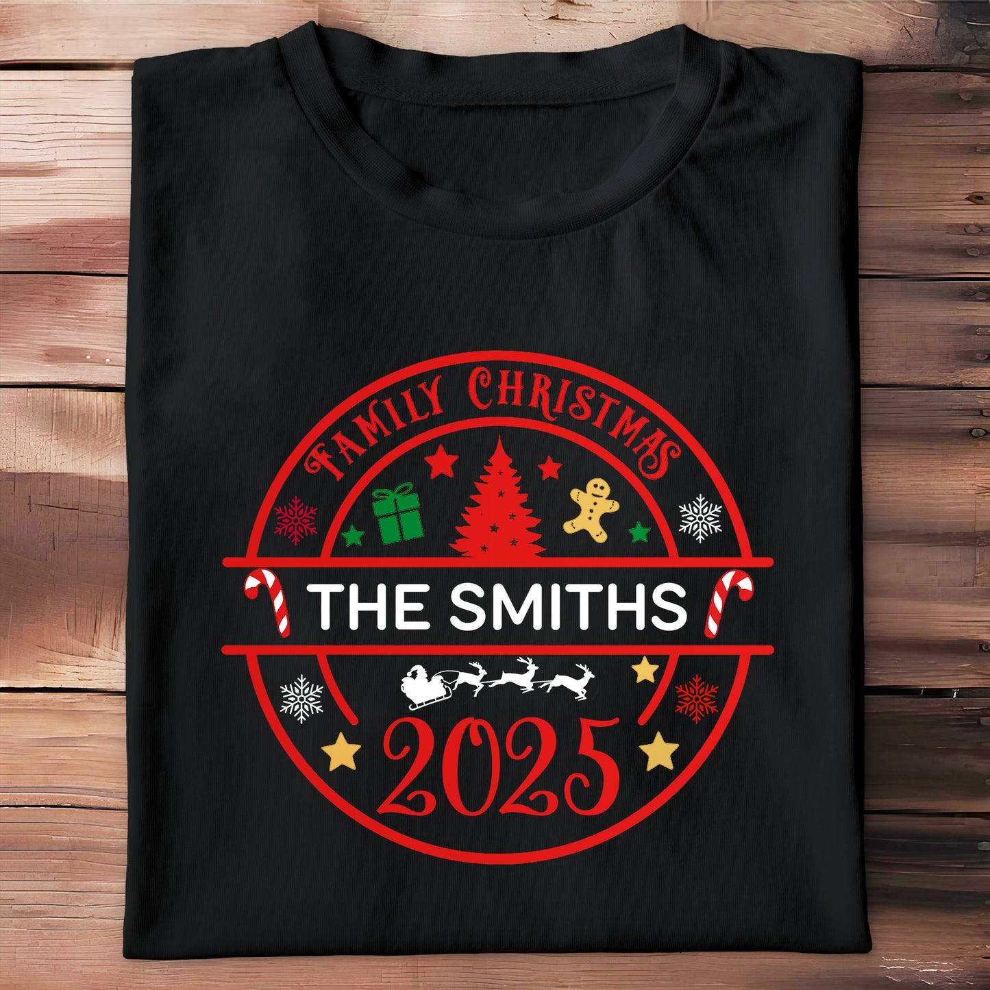 Family Christmas With Trees, Snowflakes, And Candy Canes