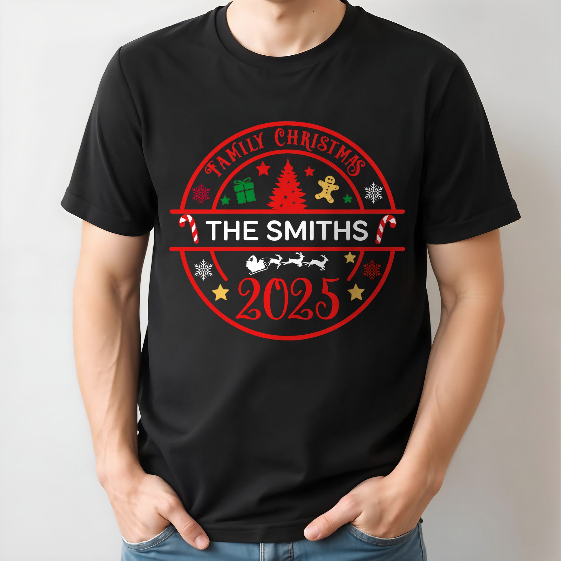 Family Christmas With Trees, Snowflakes, And Candy Canes