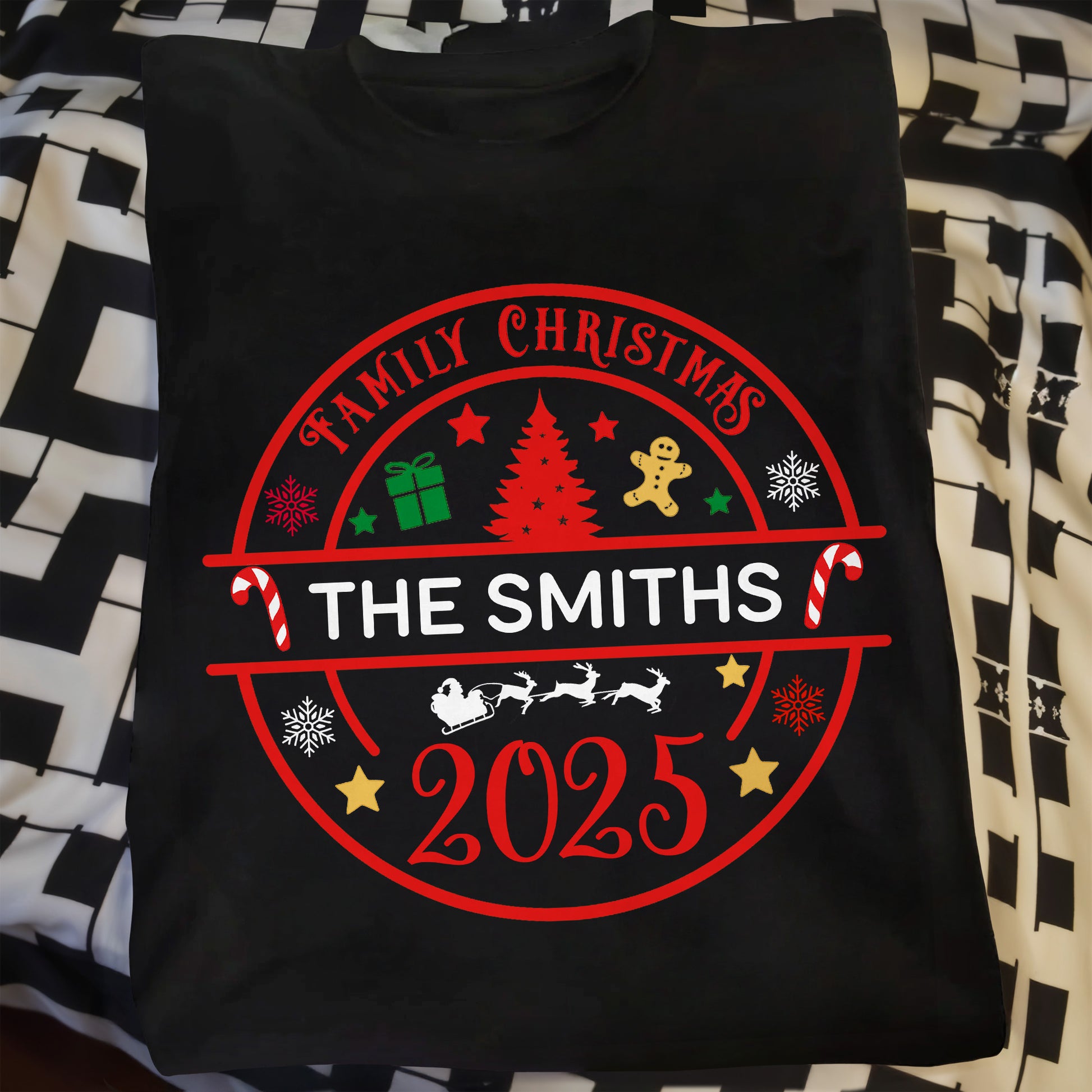 Family Christmas With Trees, Snowflakes, And Candy Canes