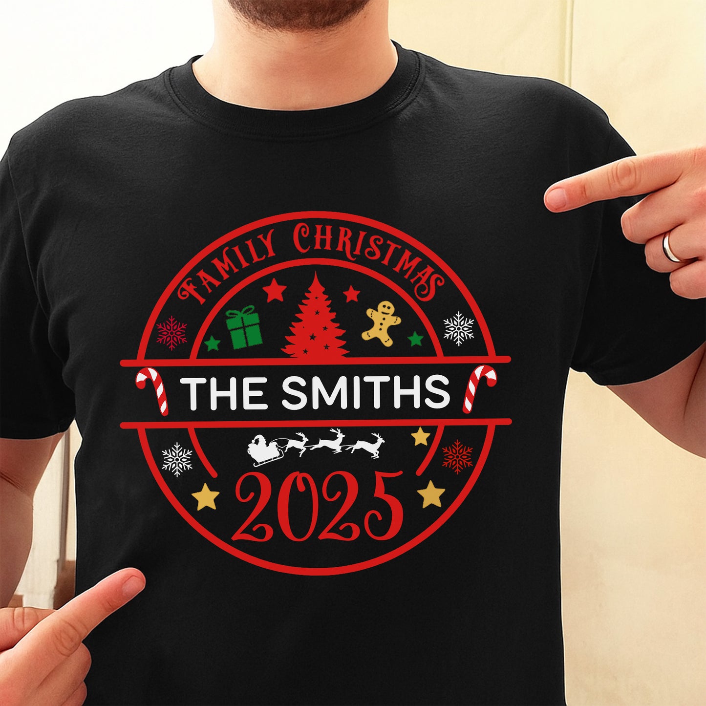 Family Christmas With Trees, Snowflakes, And Candy Canes