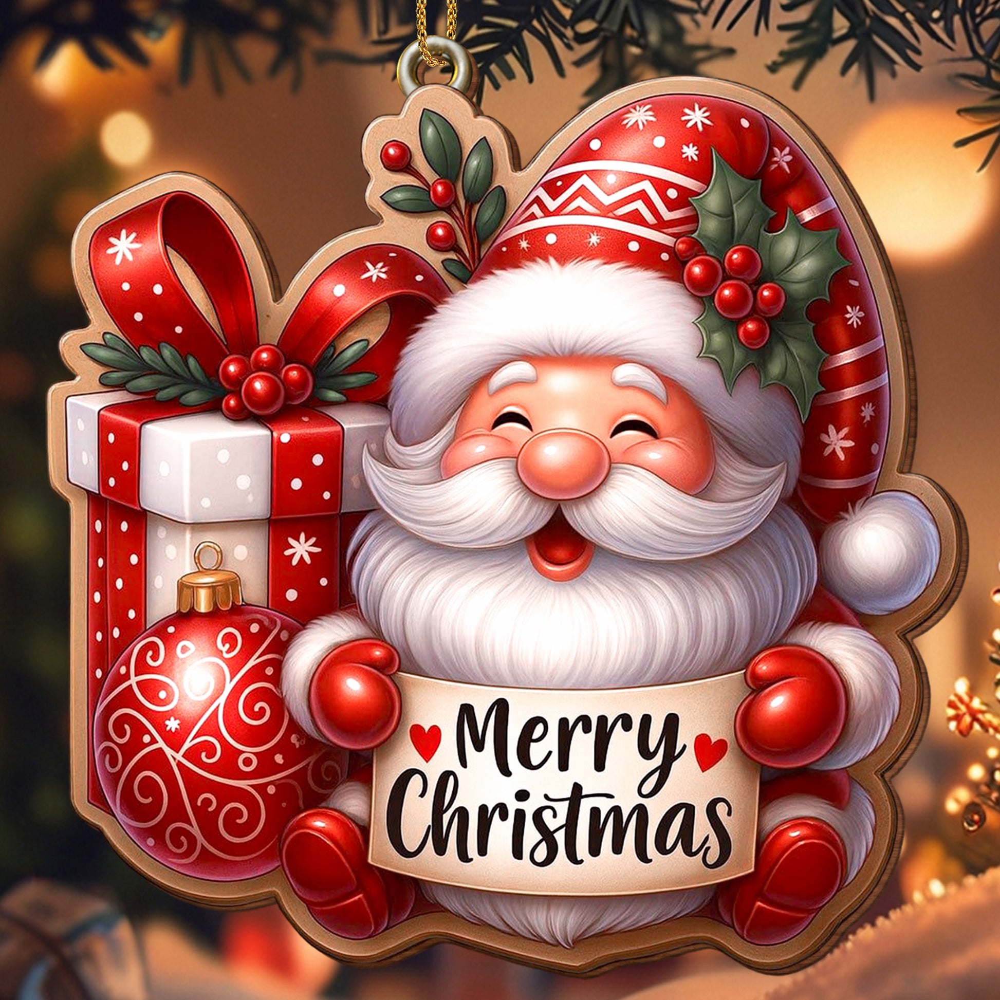 Merry Christmas With Santa Claus And Festive Ornaments