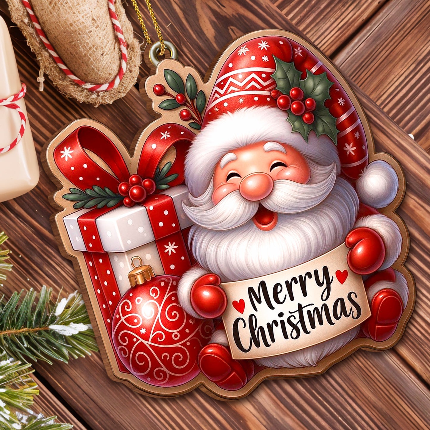 Merry Christmas With Santa Claus And Festive Ornaments