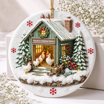 Chicken Farm Winter Coop With Snow And Chickens - Personalized 3D Relief Ceramic Ornament With Round Shape - XMAS037_3DRCO