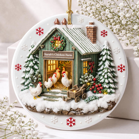 Chicken Farm Winter Coop With Snow And Chickens - Personalized 3D Relief Ceramic Ornament With Round Shape - XMAS037_3DRCO