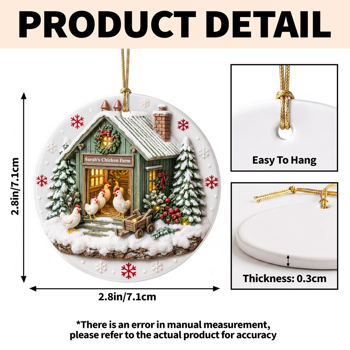 Chicken Farm Winter Coop With Snow And Chickens - Personalized 3D Relief Ceramic Ornament With Round Shape - XMAS037_3DRCO