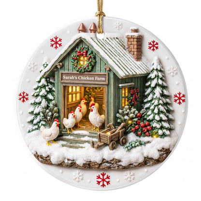 Chicken Farm Winter Coop With Snow And Chickens - Personalized 3D Relief Ceramic Ornament With Round Shape - XMAS037_3DRCO