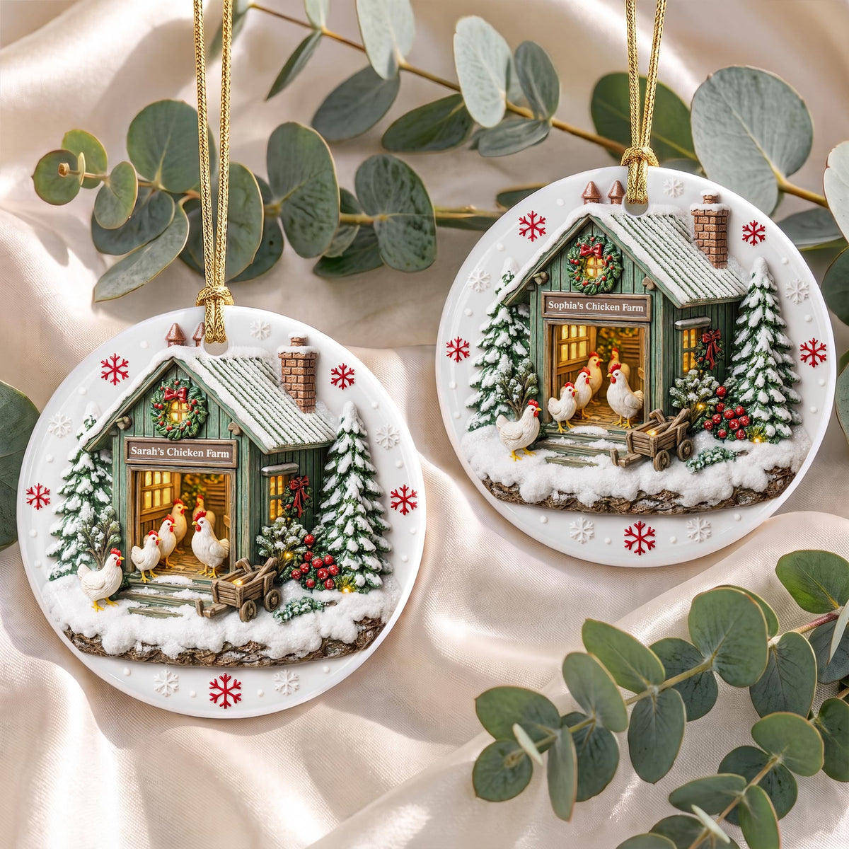 Chicken Farm Winter Coop With Snow And Chickens - Personalized 3D Relief Ceramic Ornament With Round Shape - XMAS037_3DRCO