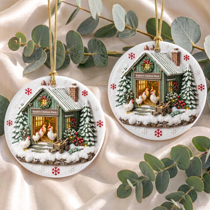 Chicken Farm Winter Coop With Snow And Chickens - Personalized 3D Relief Ceramic Ornament With Round Shape - XMAS037_3DRCO