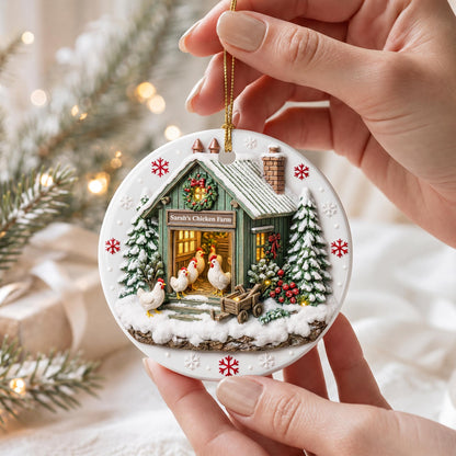 Chicken Farm Winter Coop With Snow And Chickens - Personalized 3D Relief Ceramic Ornament With Round Shape - XMAS037_3DRCO