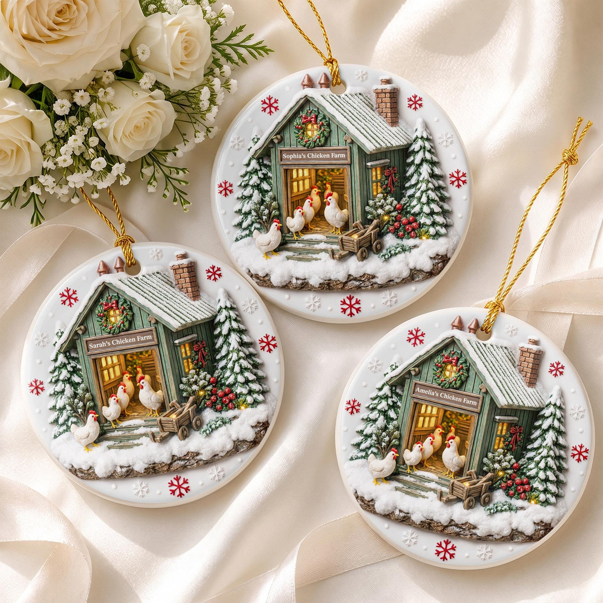 Chicken Farm Winter Coop With Snow And Chickens - Personalized 3D Relief Ceramic Ornament With Round Shape - XMAS037_3DRCO