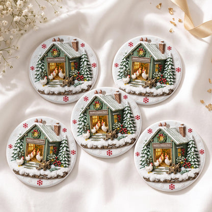 Chicken Farm Winter Coop With Snow And Chickens - Personalized 3D Relief Ceramic Ornament With Round Shape - XMAS037_3DRCO