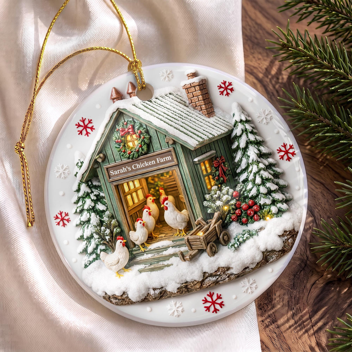 Chicken Farm Winter Coop With Snow And Chickens - Personalized 3D Relief Ceramic Ornament With Round Shape - XMAS037_3DRCO