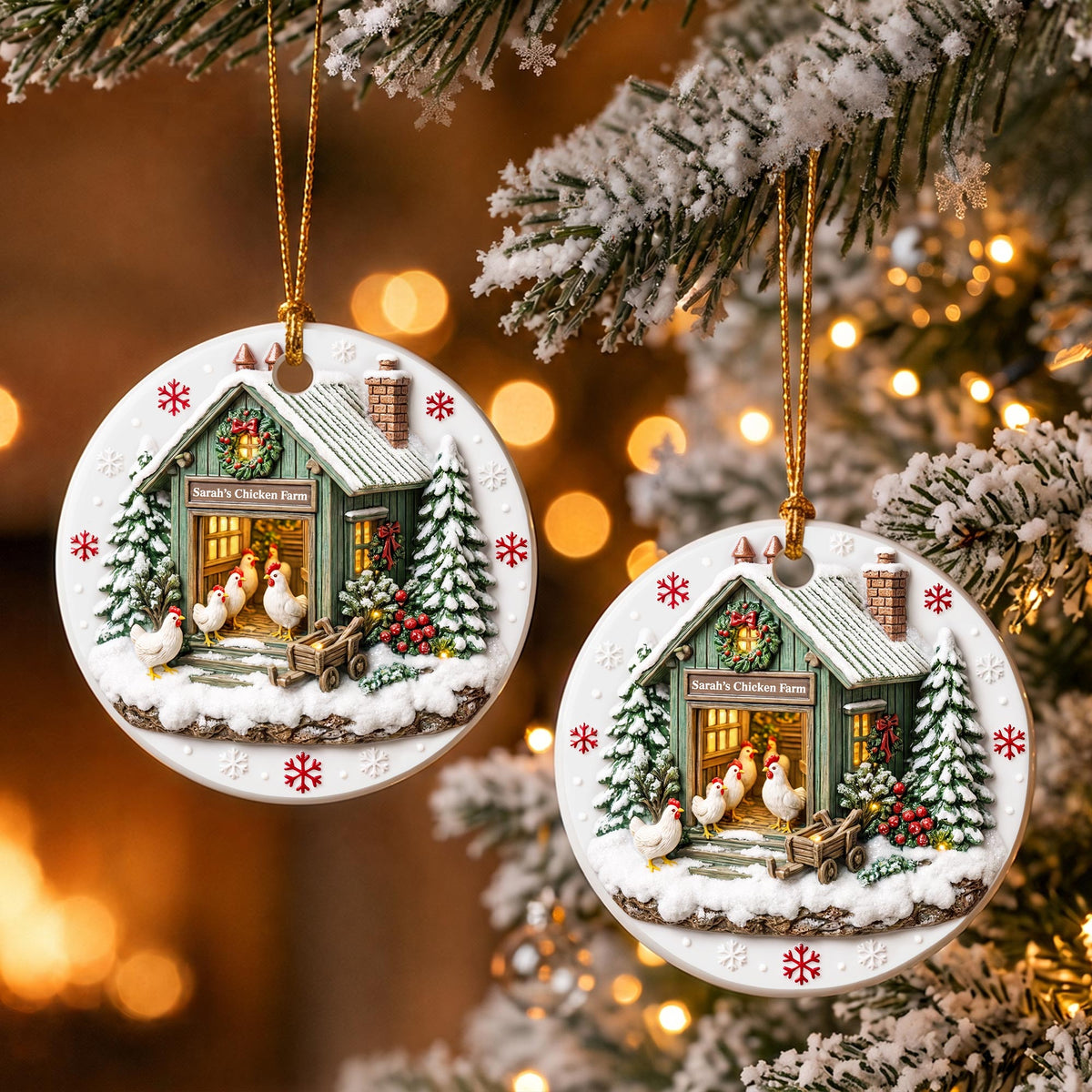 Chicken Farm Winter Coop With Snow And Chickens - Personalized 3D Relief Ceramic Ornament With Round Shape - XMAS037_3DRCO