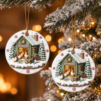 Chicken Farm Winter Coop With Snow And Chickens - Personalized 3D Relief Ceramic Ornament With Round Shape - XMAS037_3DRCO