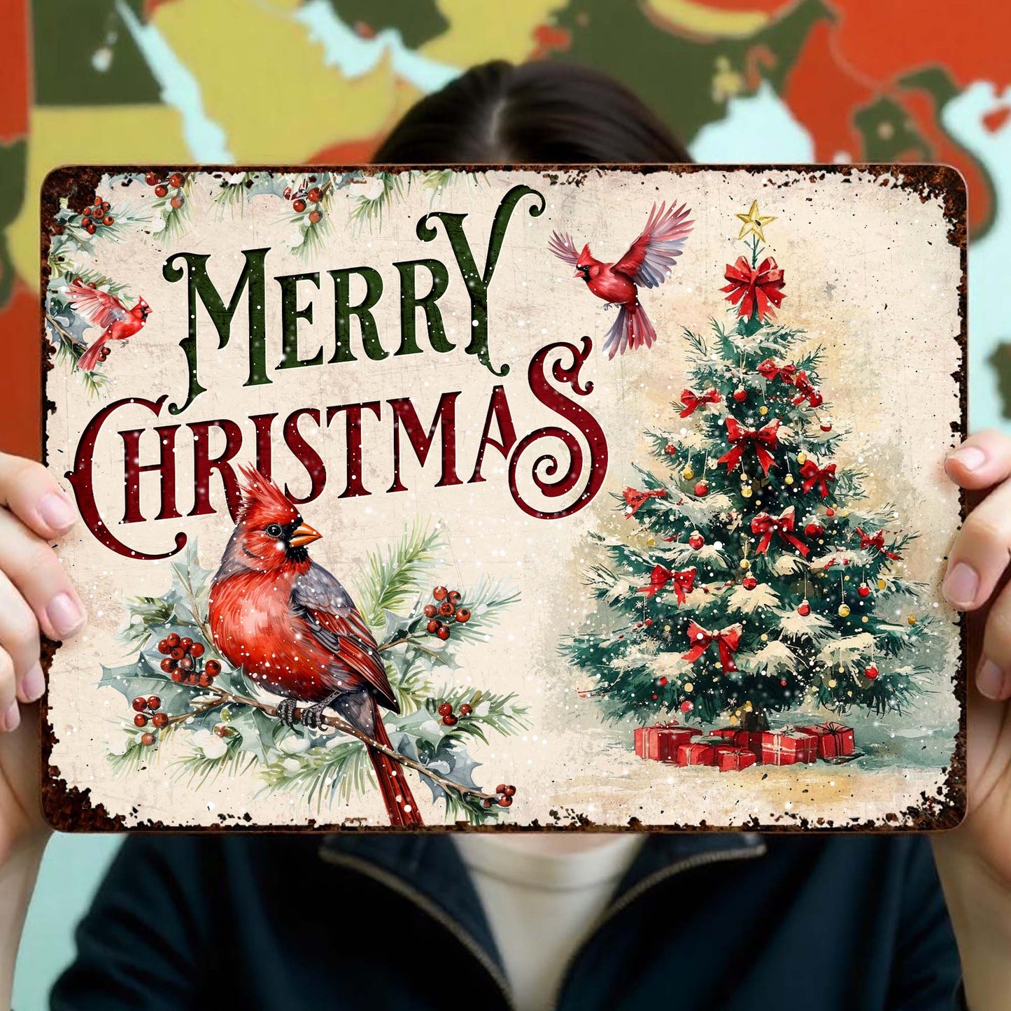 Merry Christmas With Cardinal And Christmas Tree