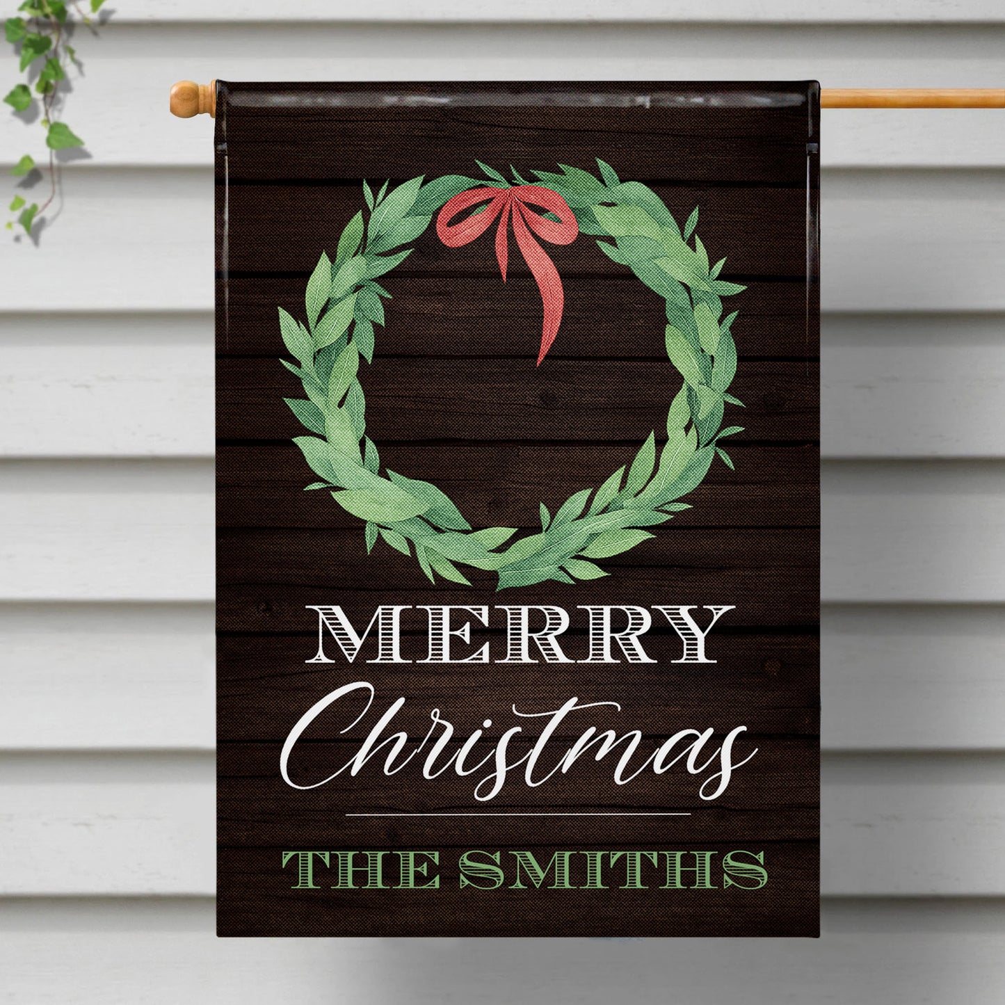 Merry Christmas Wreath On Wooden Background