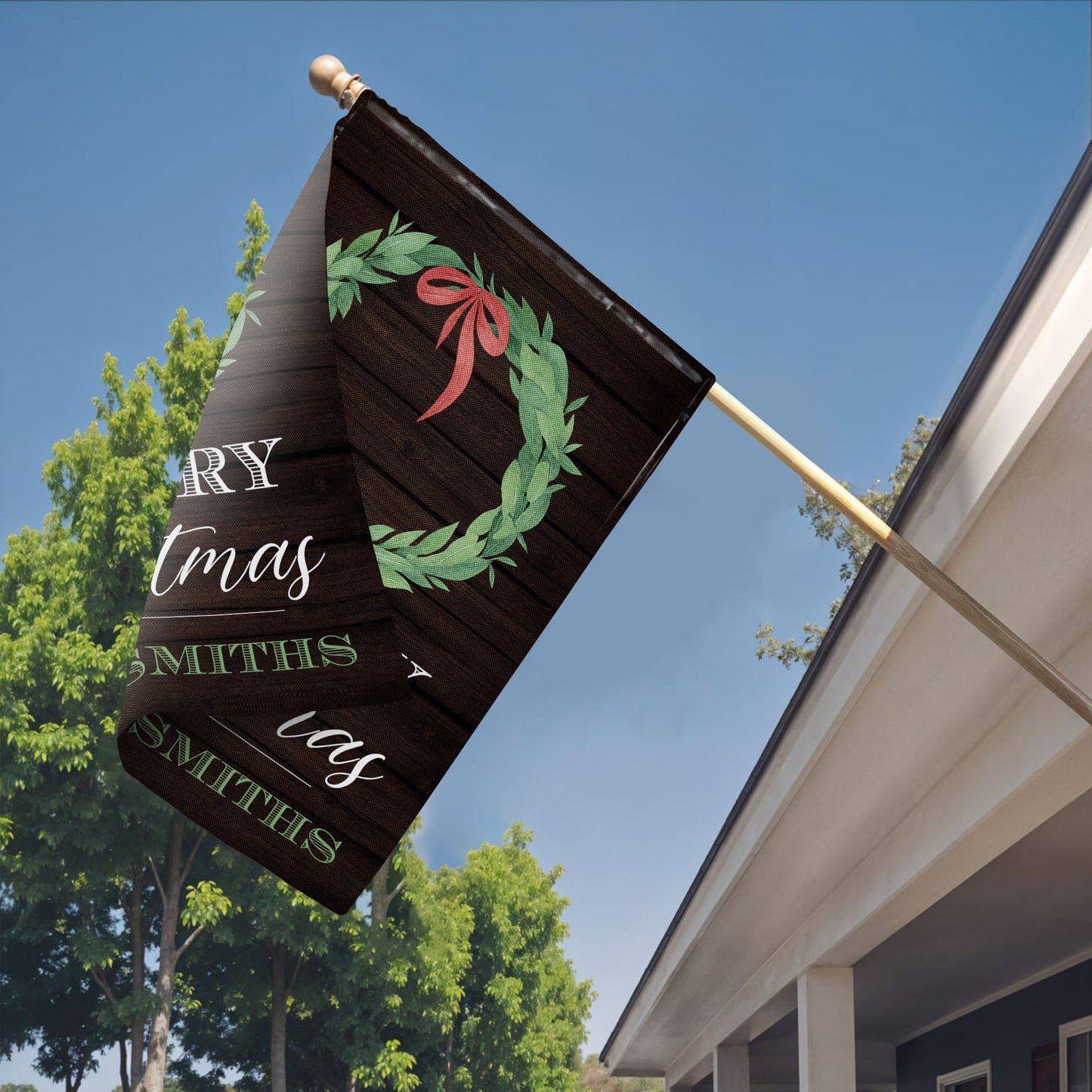 Merry Christmas Wreath On Wooden Background